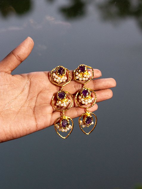 EAR RING ANTIQUE DANGLER AMETHYST UNCUT JAIPURI